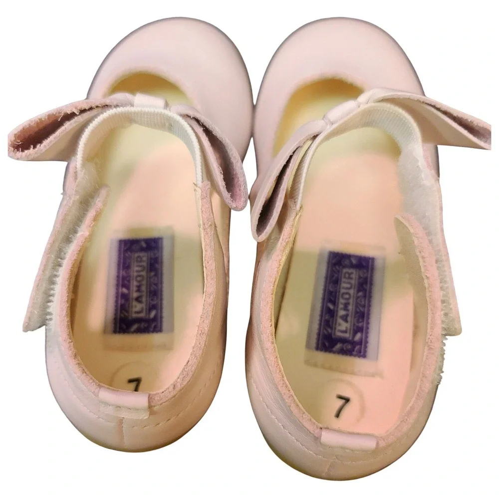 L'Amour Girls Pink Leather Bow Mary Jane Shoes Toddler Size 7 Dress Flats